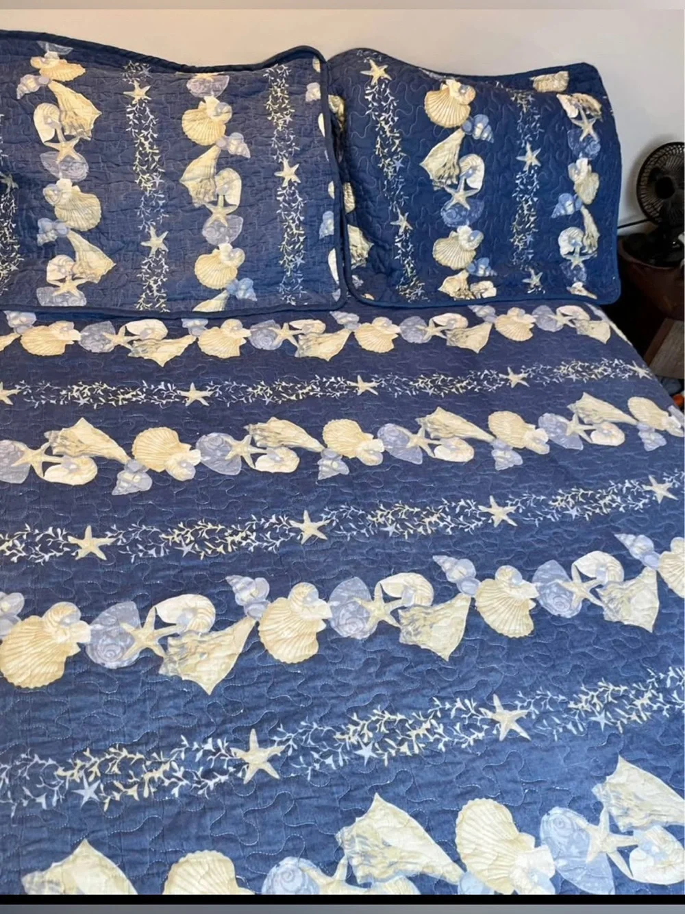 Nautical Full Quilted Bedspread two Pilllow Shams Seashells Blue Shell Quilt Set